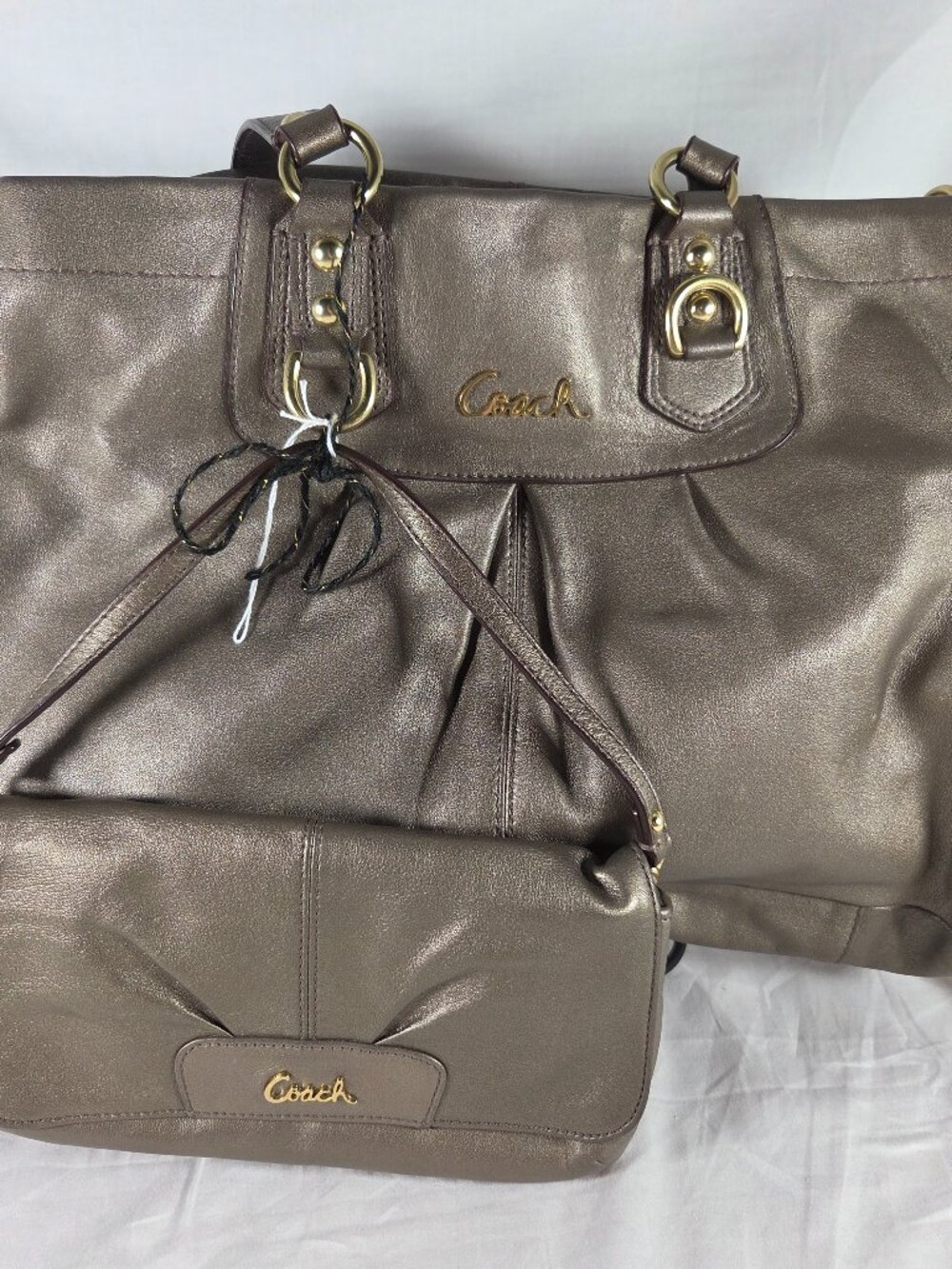 Coach Ashley Metallic Leather Carryall Satchel & Matching Flap Wristlet Bundle